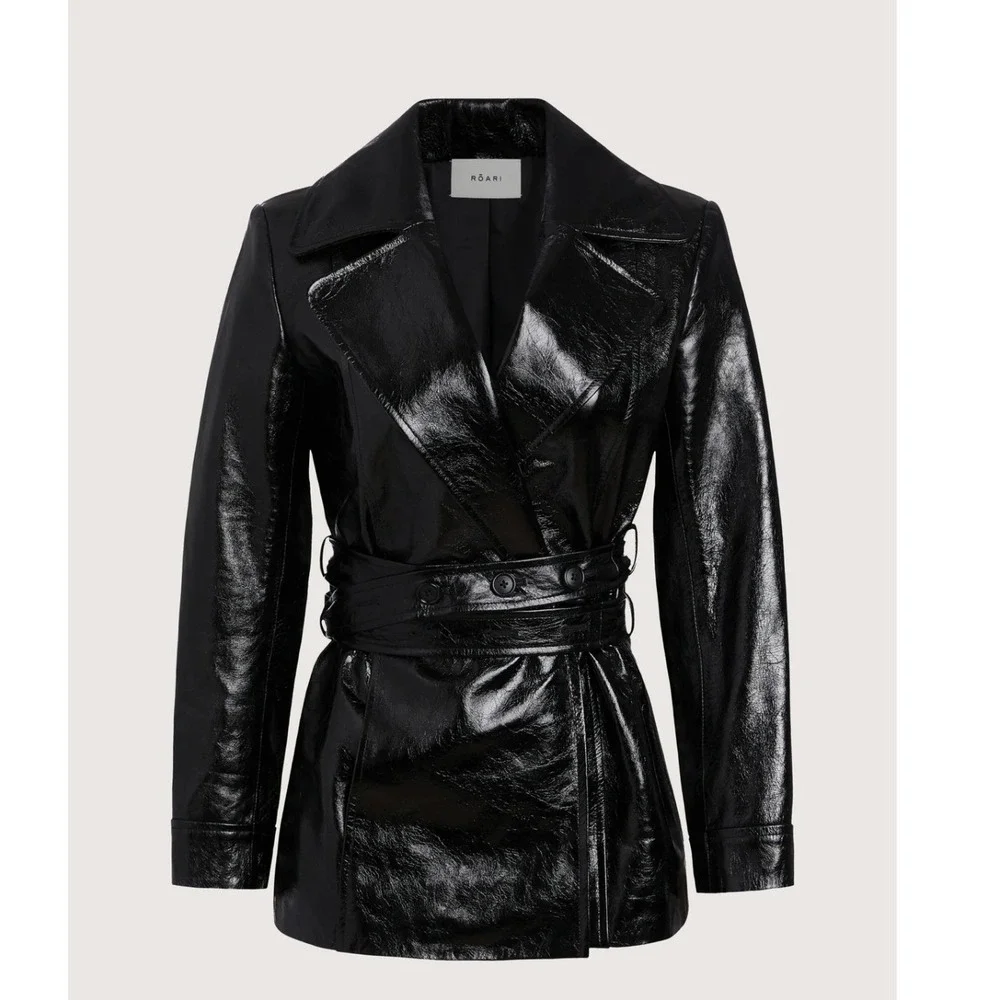 $980 ROARI‎ Kennedy Trench Black Glazed Cow Leather Womens S Belted NYC USA Made